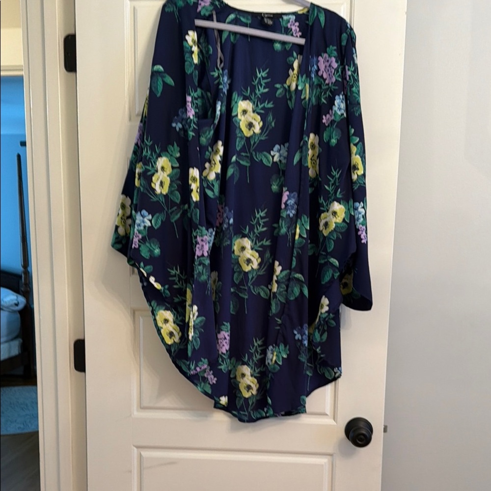Cejon Navy Floral Open-Front Kimono with Yellow & Purple Blooms